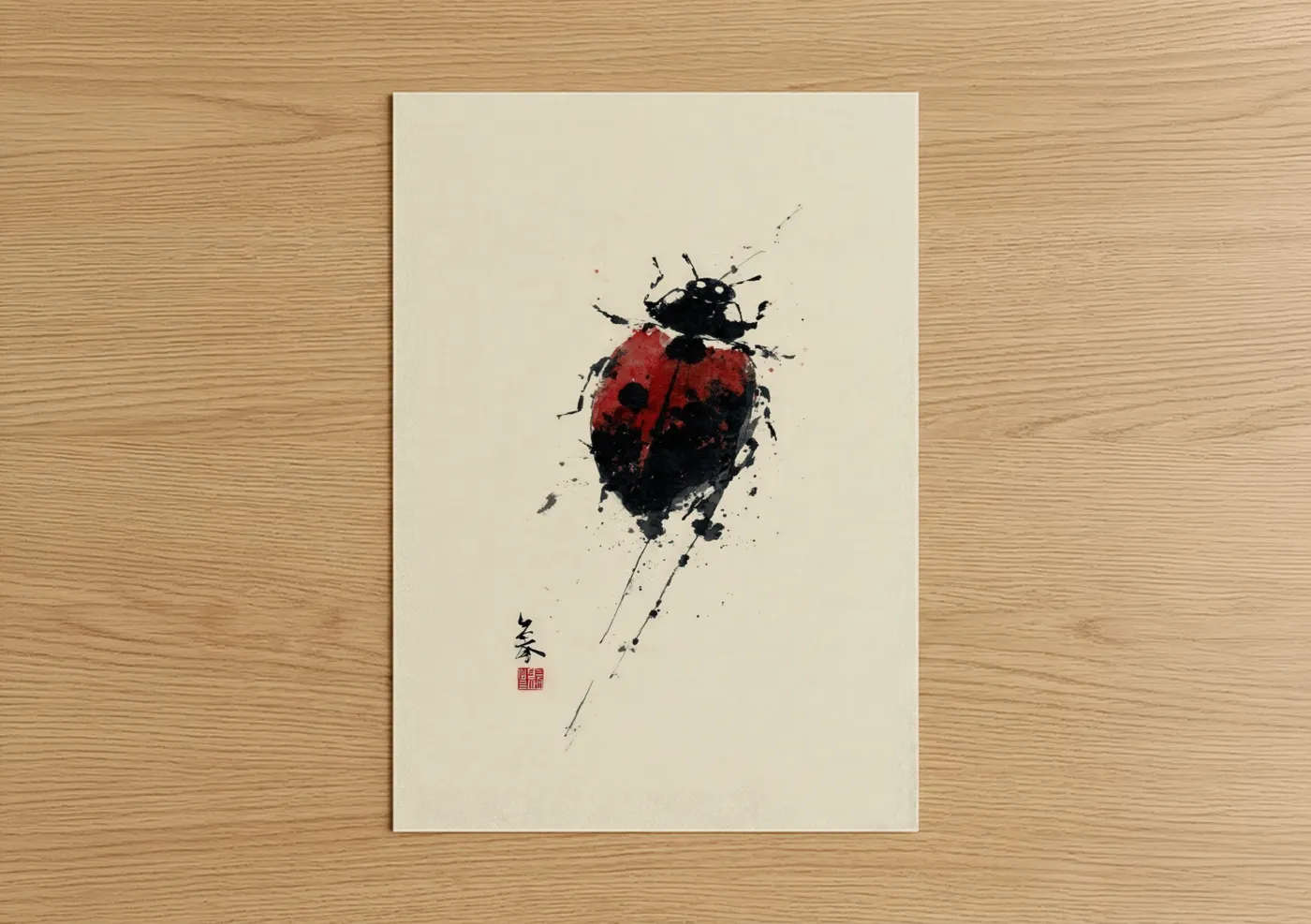 Art print on warm oak wood — red and black and white palette — Splatter Ladybug poster