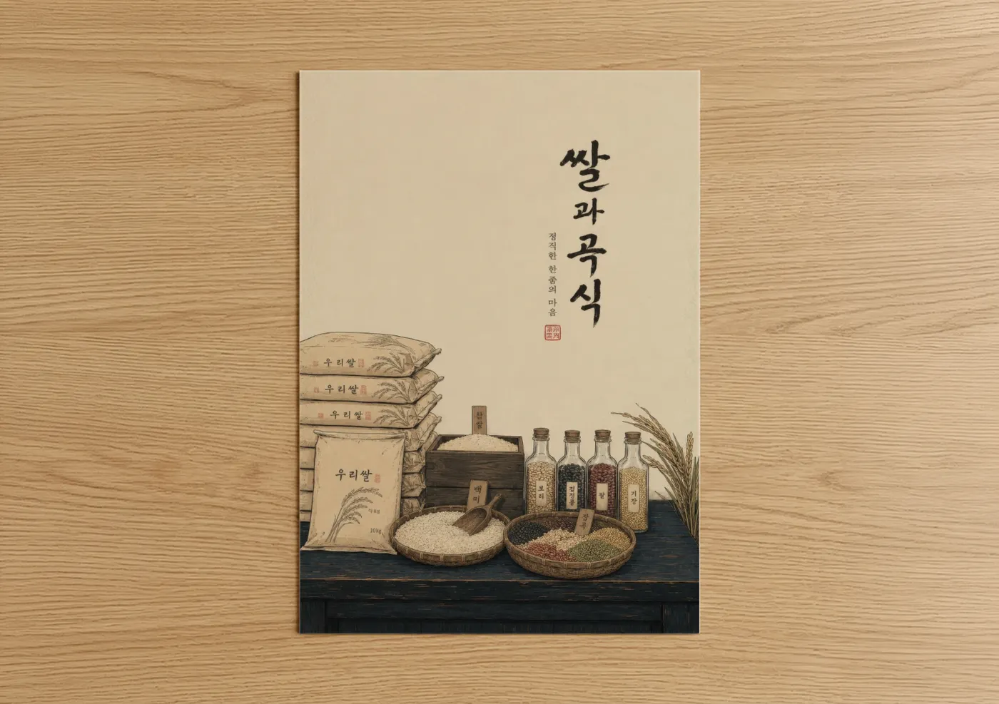 Art print on warm oak wood — beige and cream palette — Korean Rice and Grain Still Life Wall Art poster