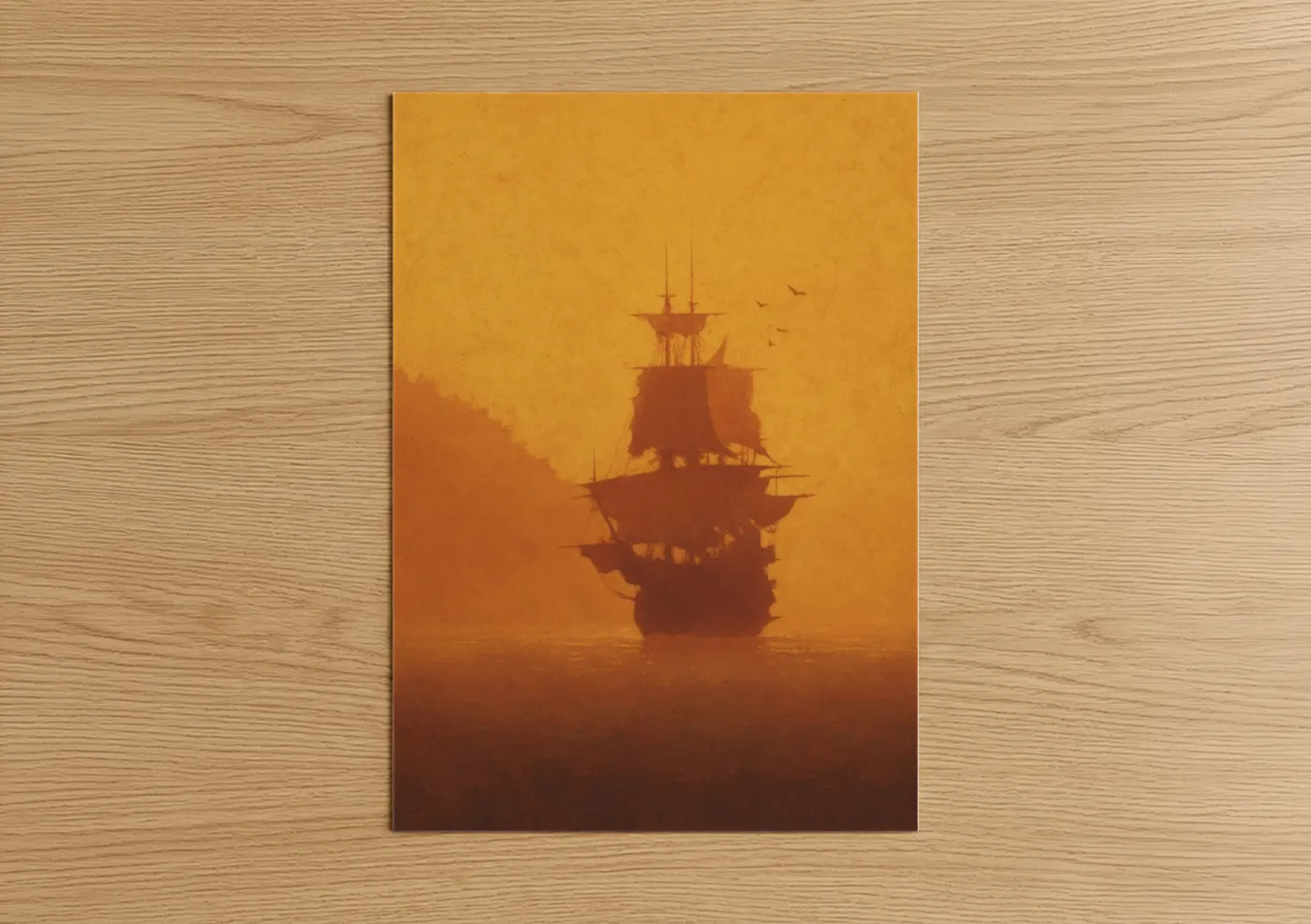 Golden Sailing Ship Sunset Silhouette Wall Art