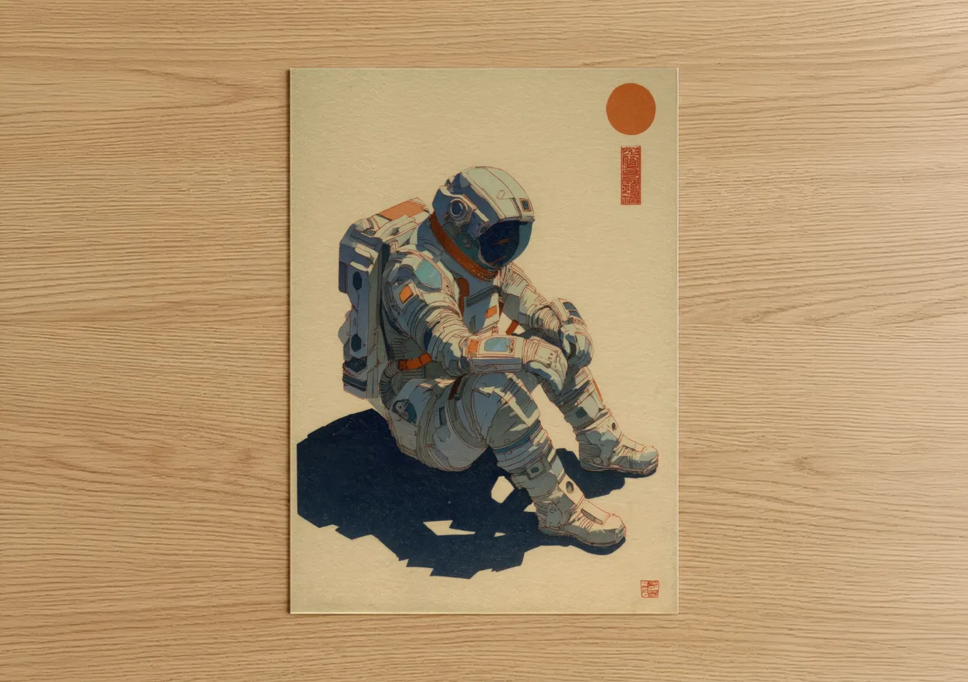 Japanese retrofuturism art print on warm oak wood — cream and russet palette — Contemplative Astronaut poster