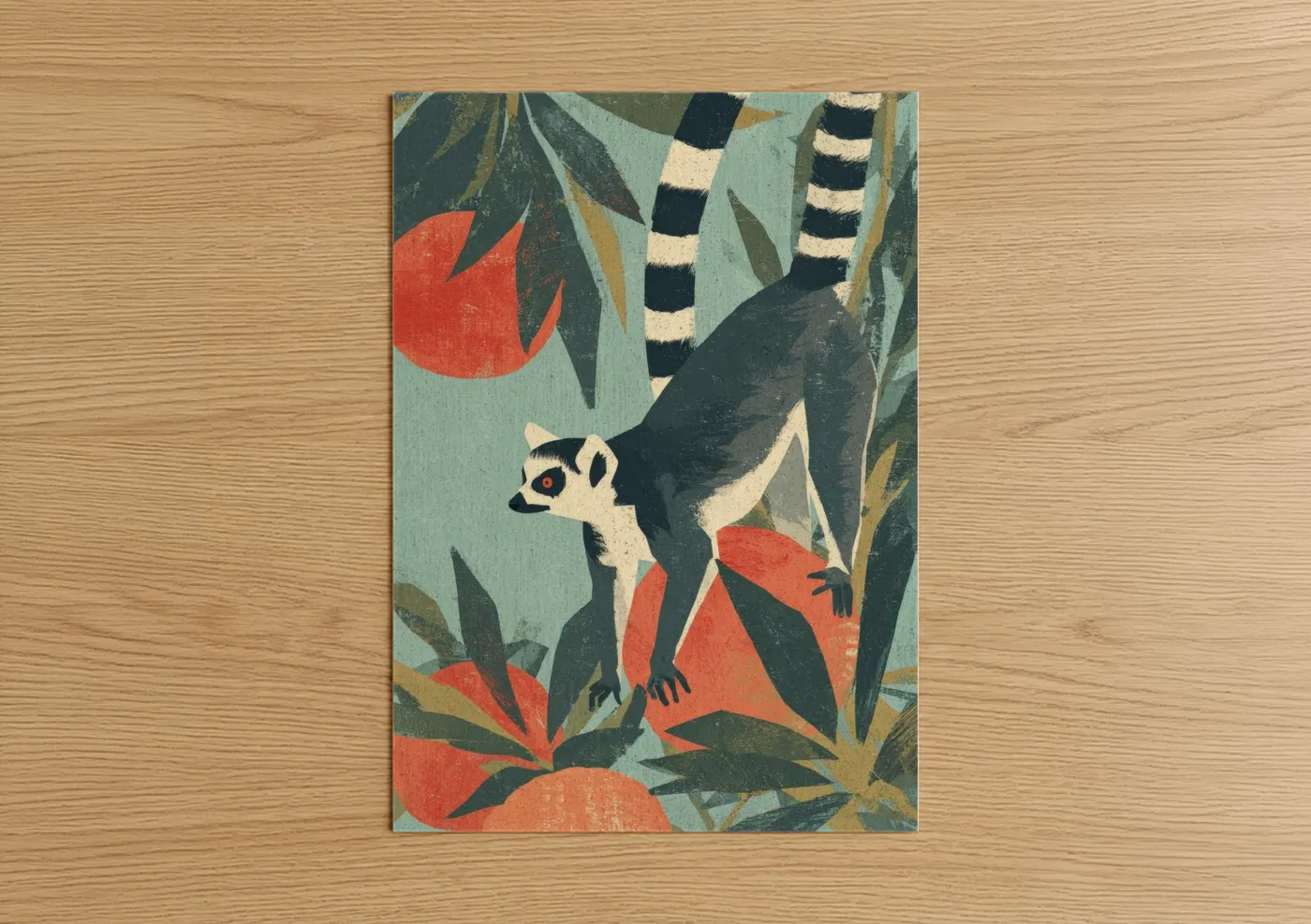 Striped Lemur Tropical Art Illustration Wall Art