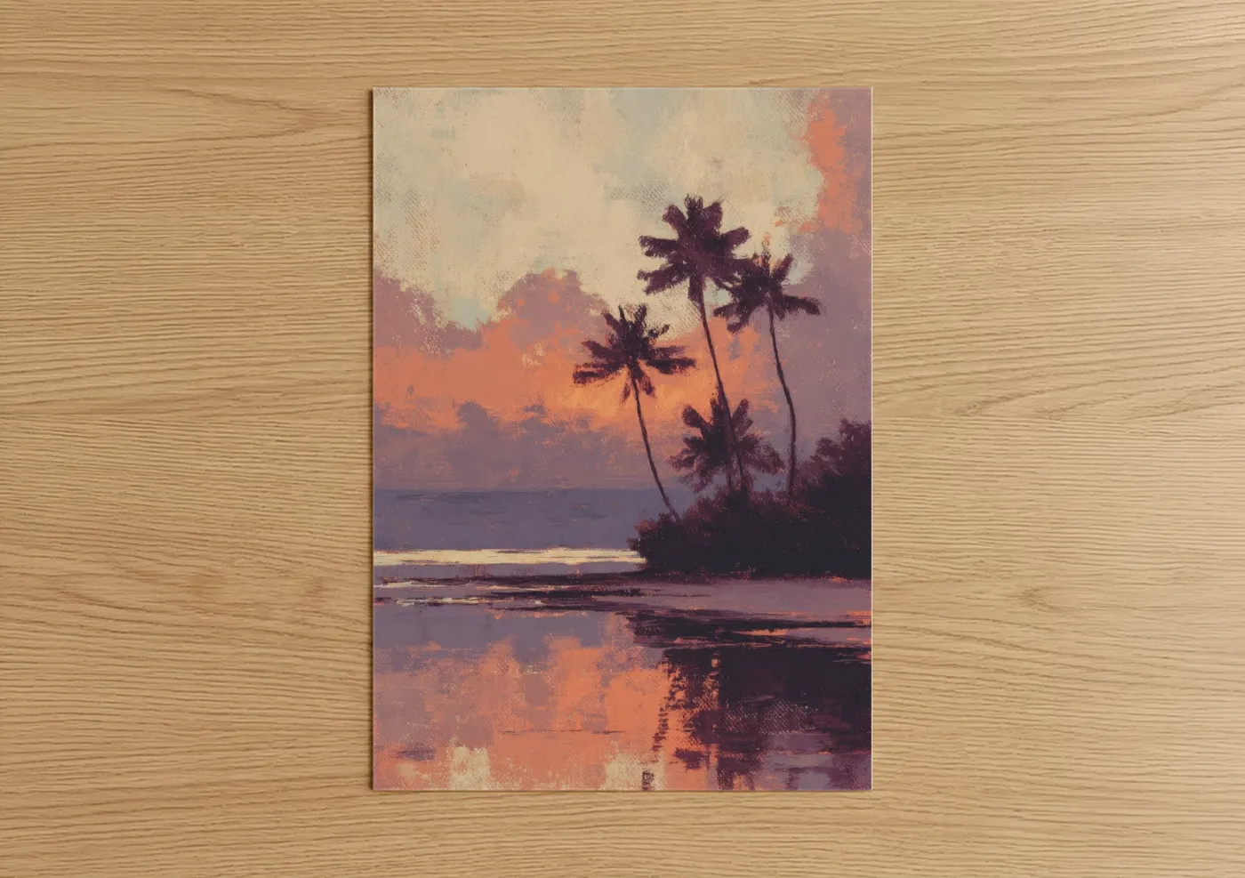 Beach sunrise and sunsets art print on warm oak wood — orange and purple palette — Tropical Sunset Palms poster