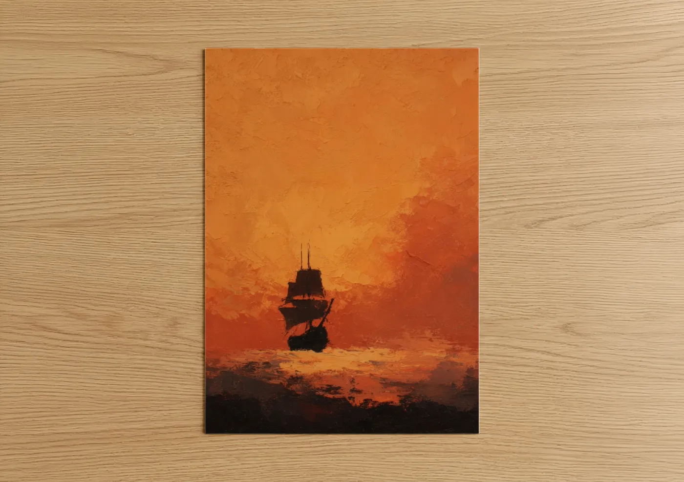 Old ships art print on warm oak wood — orange and gold palette — Golden Galleon Sunset poster