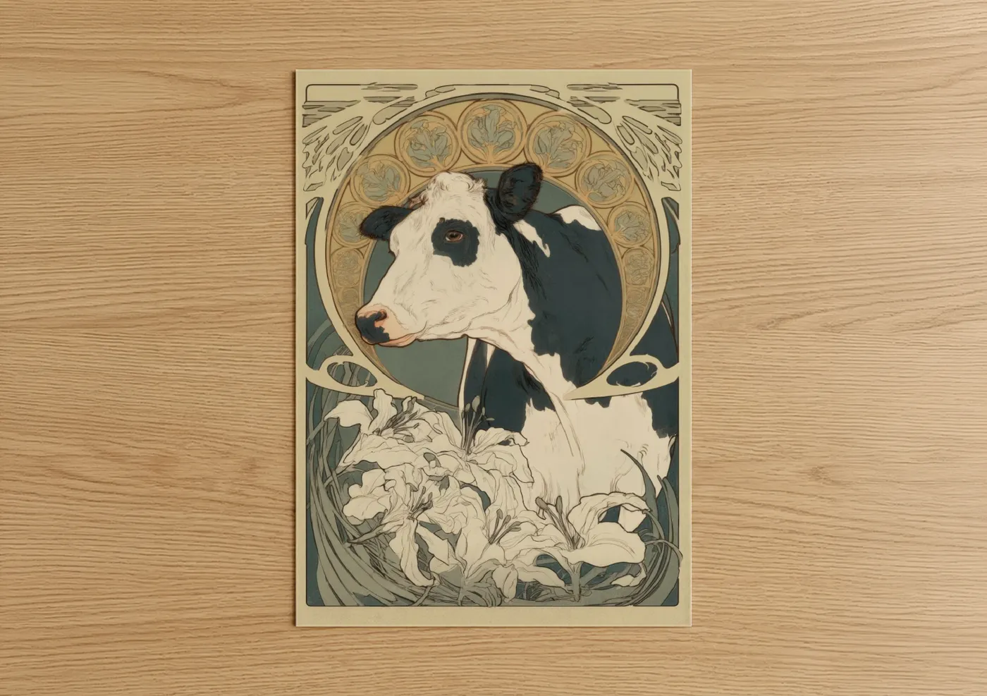 Jersey cow art print on warm oak wood — cream and sage green palette — Holstein Portrait poster