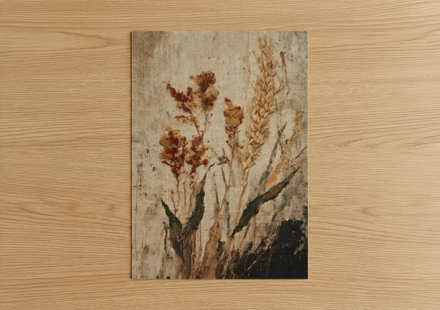 Art print on warm oak wood — brown and cream palette — Harvest Grain Study poster