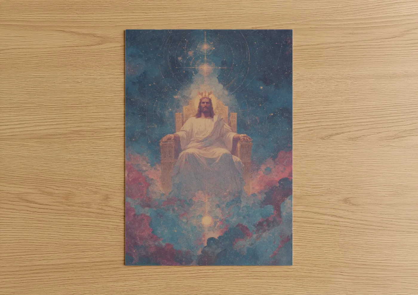 Jesus christ art print on warm oak wood — blue and gold palette — Celestial Christ Enthroned poster