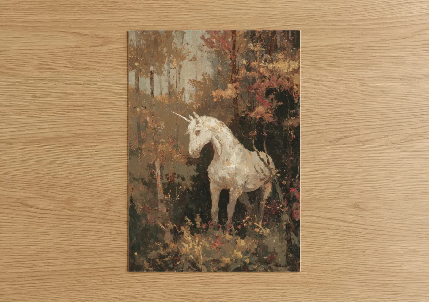 Unicorns art print on warm oak wood — cream and russet palette — Ethereal Unicorn poster