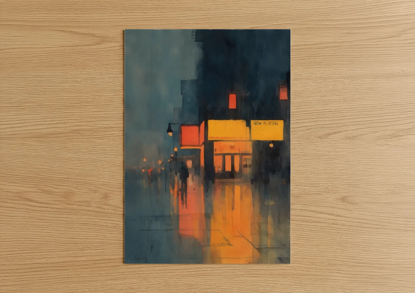 Art print on warm oak wood — orange and gray palette — Rainy Theater Night poster