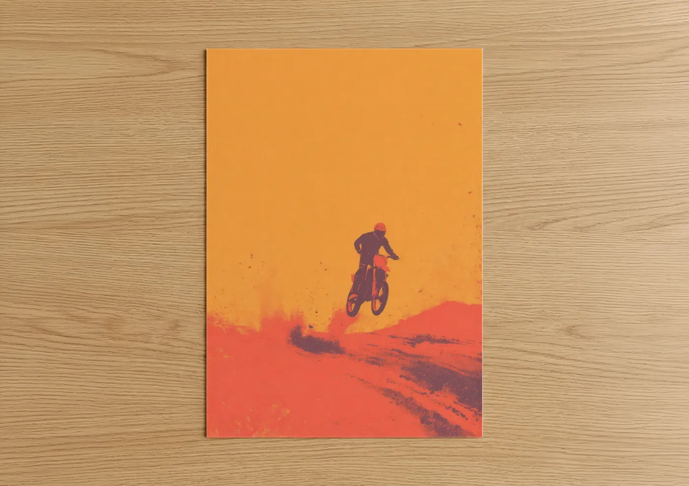 Art print on warm oak wood — orange and red palette — Desert Motocross poster