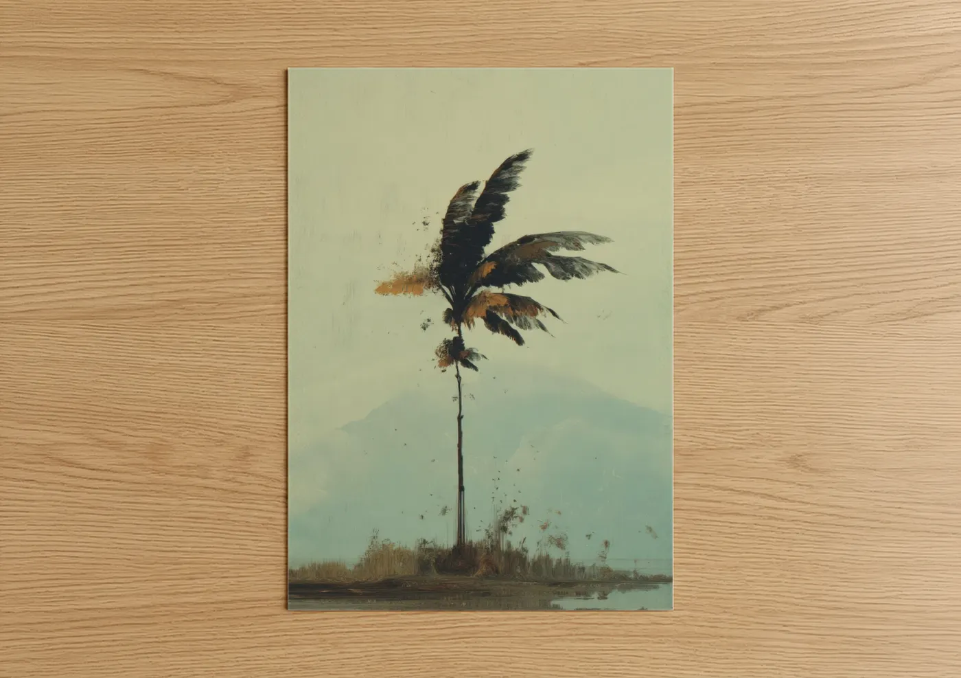 Palm tree art print on warm oak wood — beige and light green palette — Misty Palm Solitude poster
