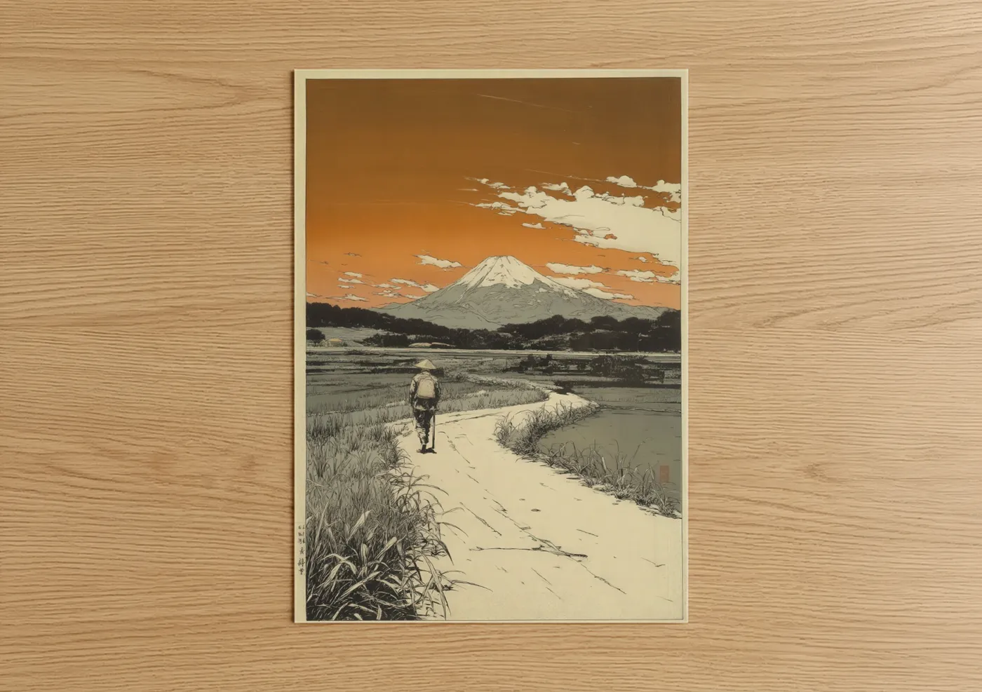 Various landscapes art print on warm oak wood — gold and cream palette — Mount Fuji Pathway poster