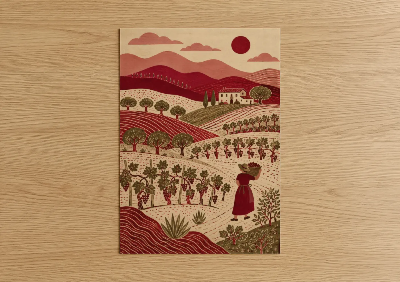 Vineyards art print on warm oak wood — maroon and beige palette — Tuscan Vineyard Harvest Landscape Wall Art poster