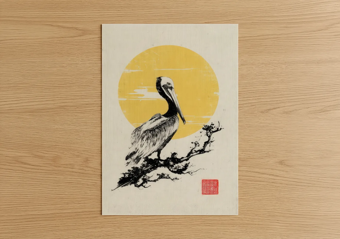 Golden Pelican Japanese Woodblock Wall Art