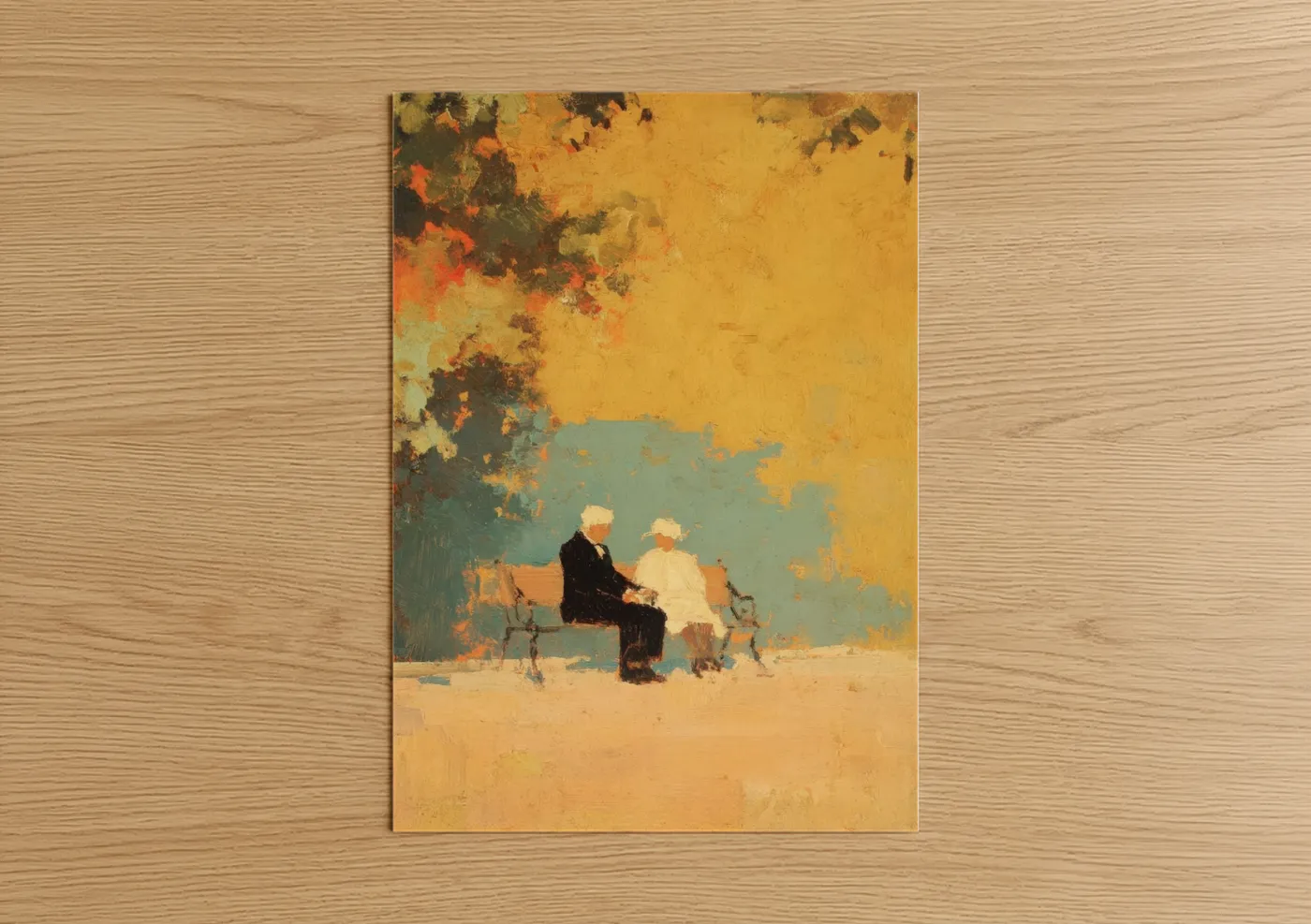 Vintage Couple Sitting Bench Impressionist Wall Art