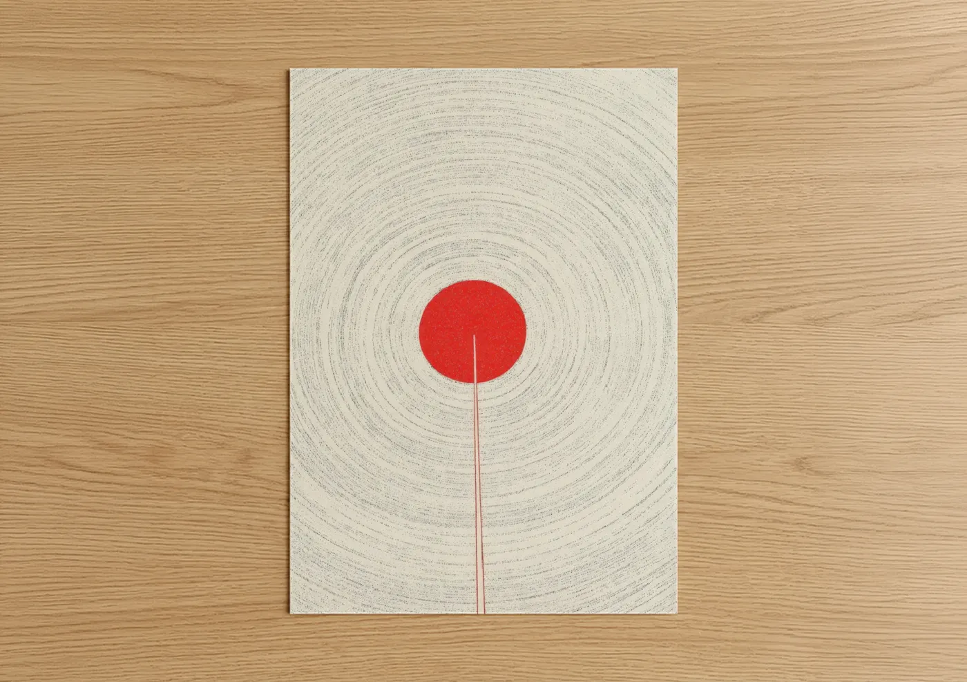 Archery art print on warm oak wood — cream and red palette — Crimson Arrow Zen poster