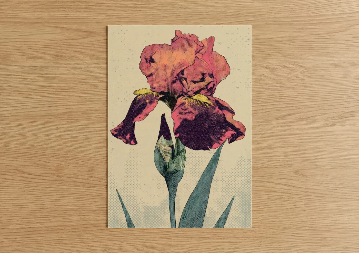 Art print on warm oak wood — magenta and sage green palette — Vintage Iris Bloom poster