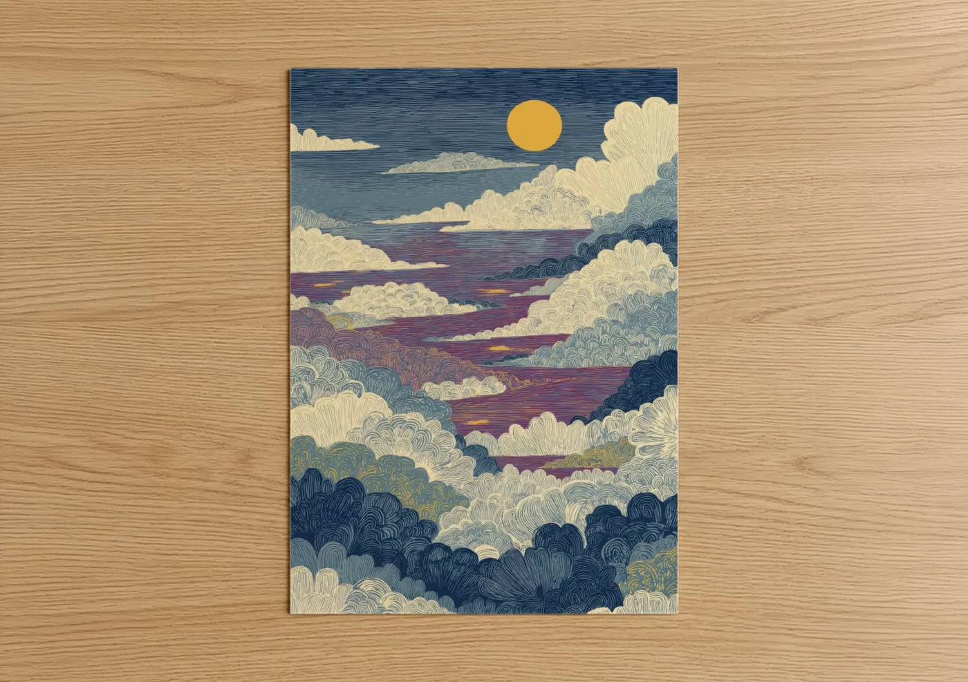 Art print on warm oak wood — gold and blue and white palette — Golden Morning Sky poster