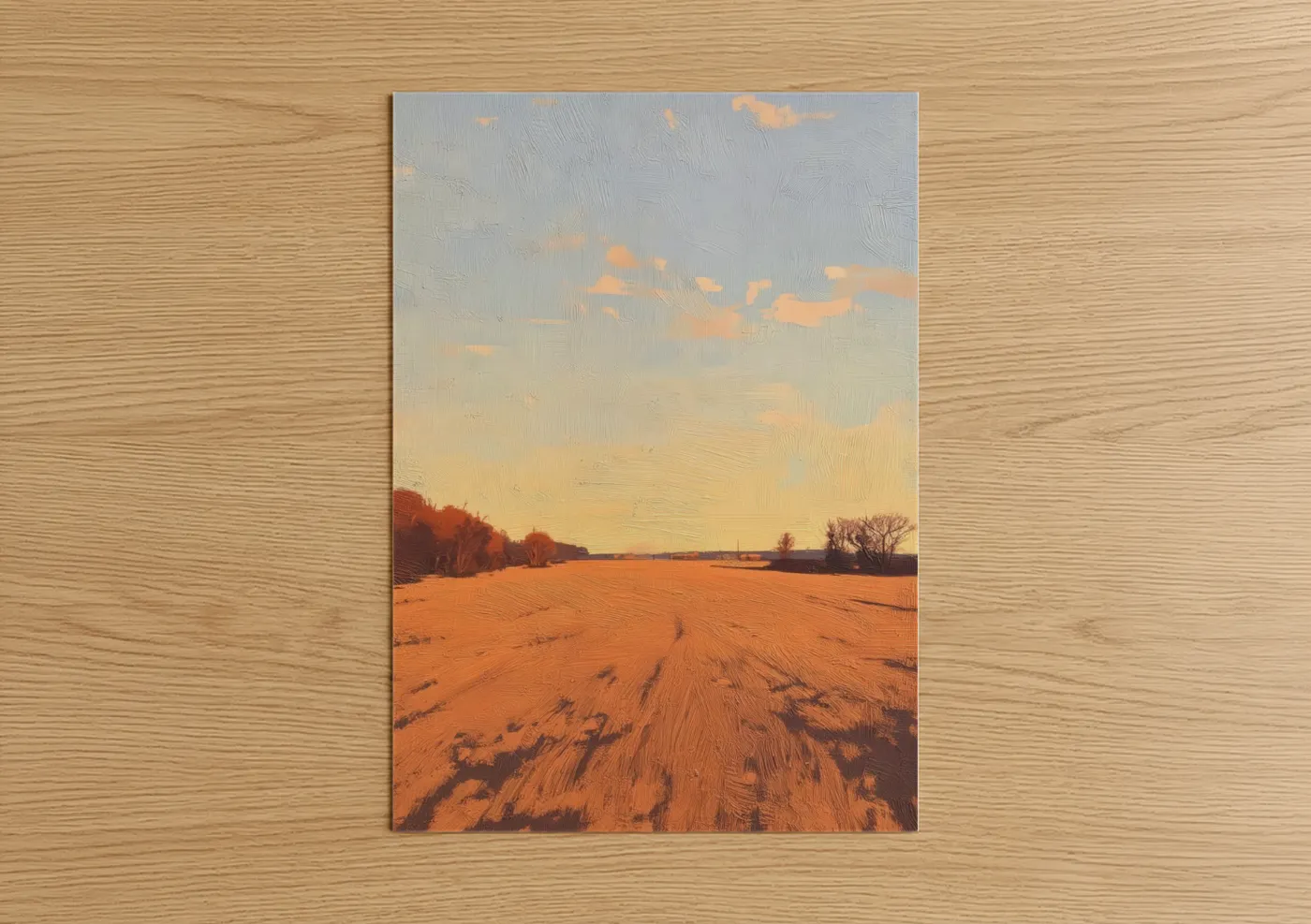 Various landscapes art print on warm oak wood — gold and cream palette — Golden Field Sunset poster