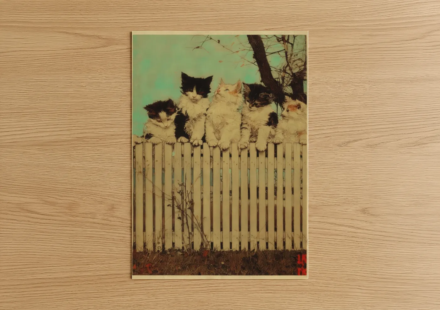 Five Kittens on Wooden Fence Vintage Wall Art