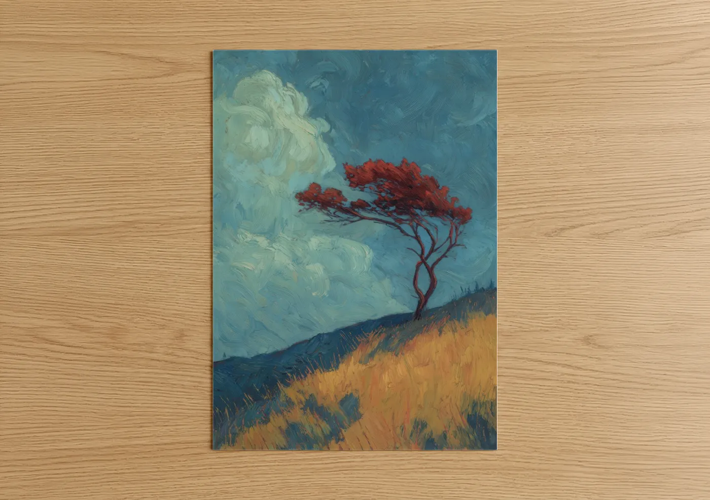 Arbutus tree art print on warm oak wood — blue and red palette — Crimson Arbutus poster