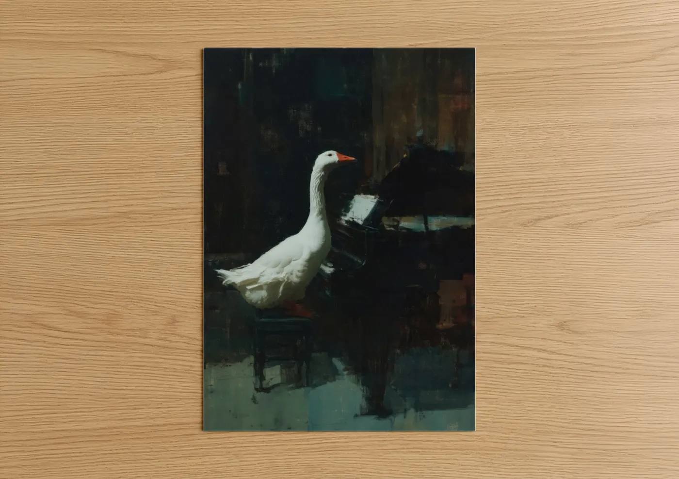 Geese art print on warm oak wood — black and dove gray palette — Piano Goose poster