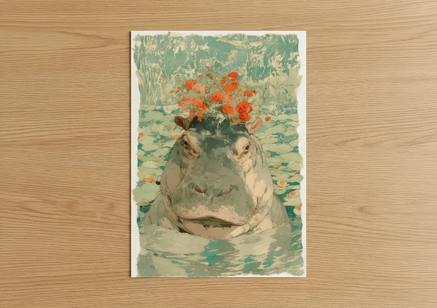 Art print on warm oak wood — teal and peach palette — Blooming Hippo poster