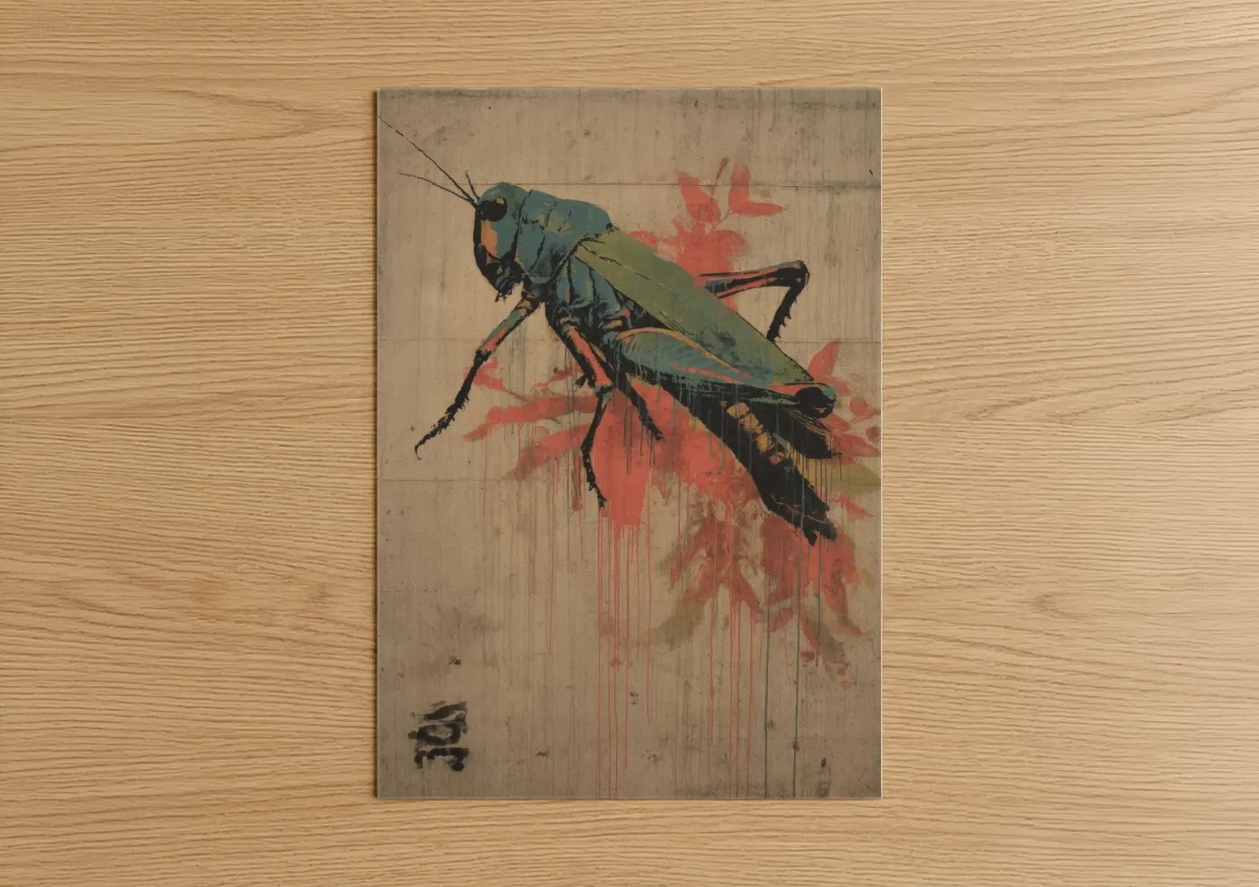 Art print on warm oak wood — teal and red palette — Crimson Grasshopper poster
