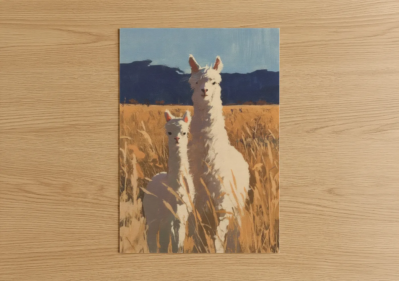Art print on warm oak wood — white and gold palette — Golden Field Alpacas poster