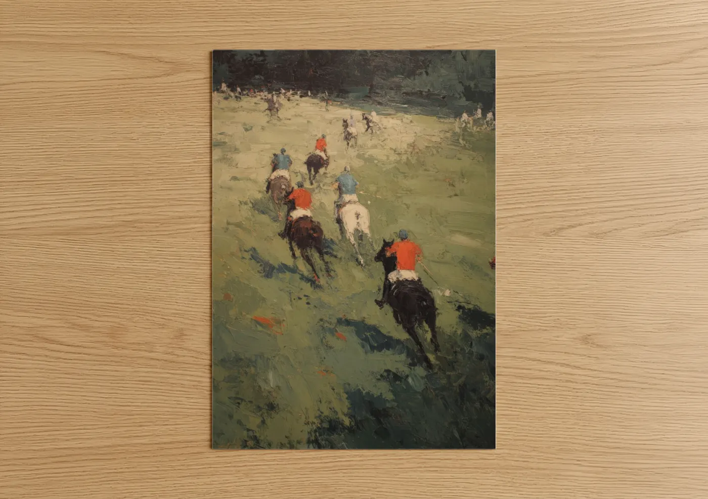 Horseback art print on warm oak wood — green and orange palette — Countryside Polo Match poster