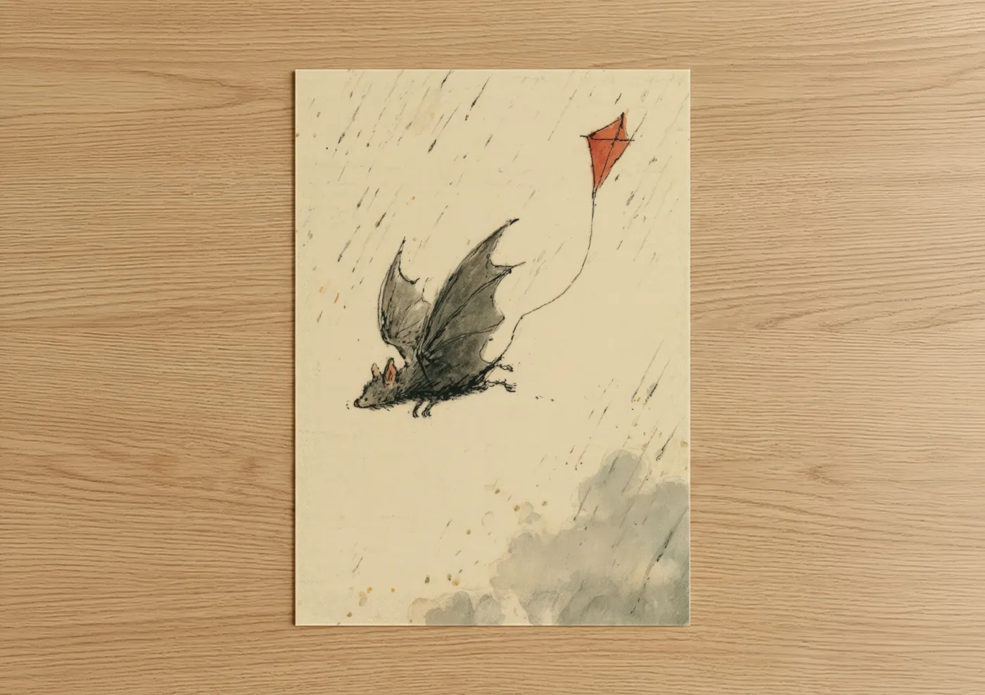 Art print on warm oak wood — cream and gray palette — Rainy Bat Kite poster