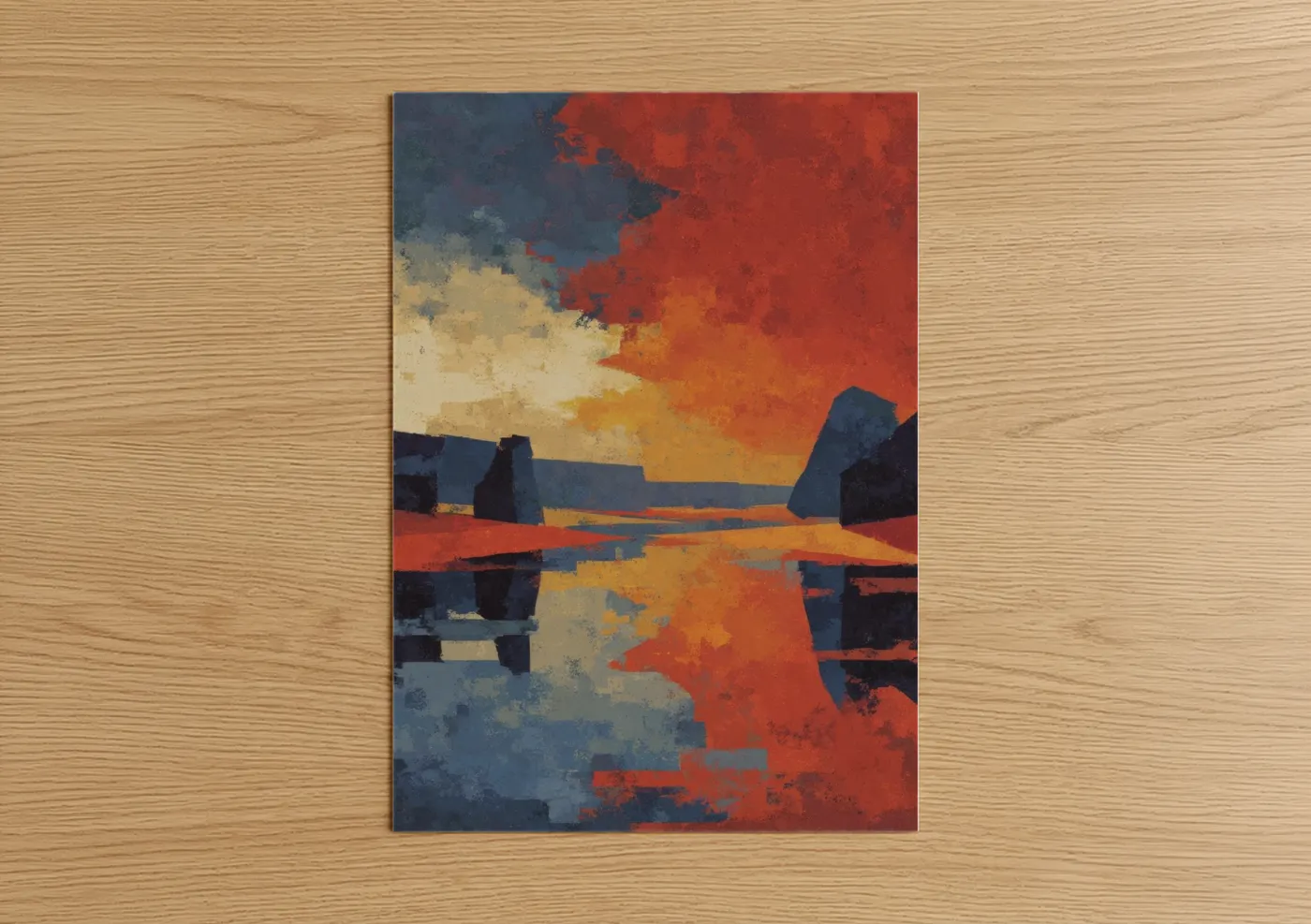 Beach sunrise and sunsets art print on warm oak wood — red and gold palette — Crimson Horizon Sunrise poster