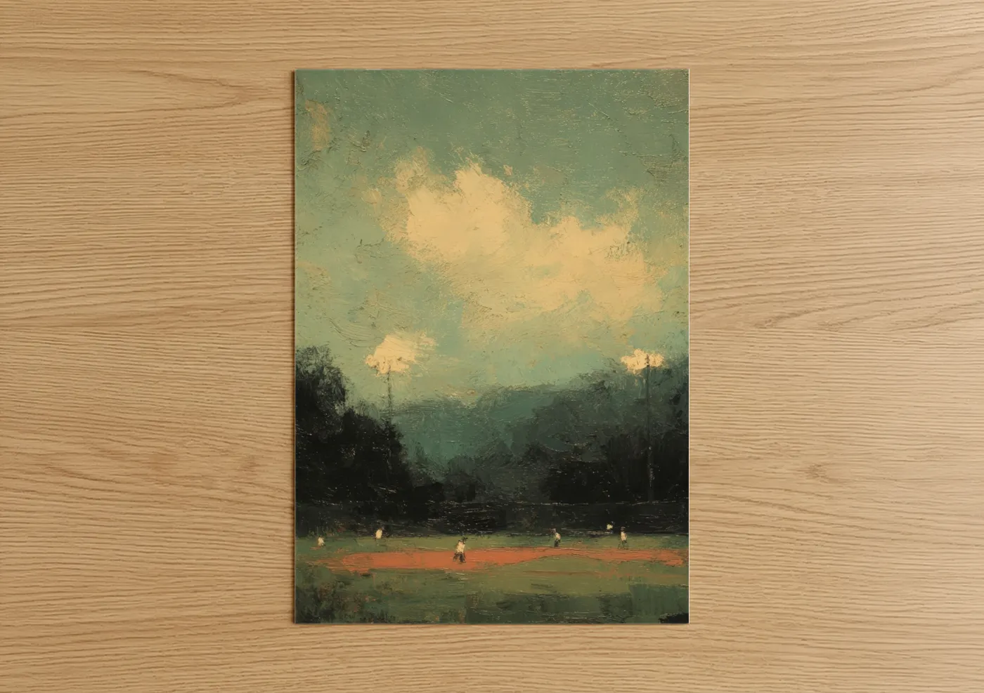 Art print on warm oak wood — sage green and gold palette — Twilight Baseball poster