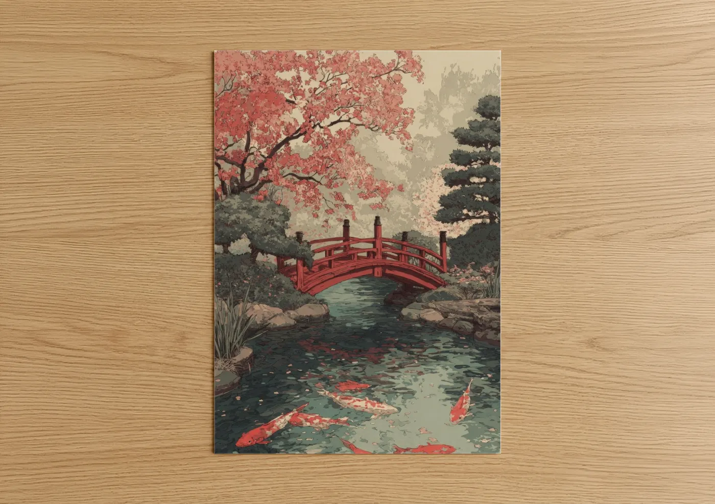 Island art print on warm oak wood — salmon pink and teal palette — Cherry Blossom Bridge poster