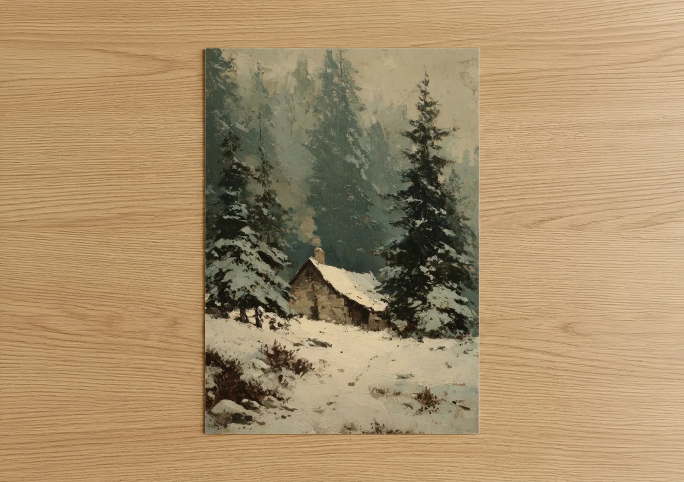 Snowy Cabin Winter Forest Landscape Wall Art
