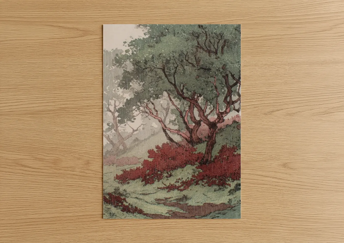 Crimson Arbutus Tree Japanese Woodblock Wall Art