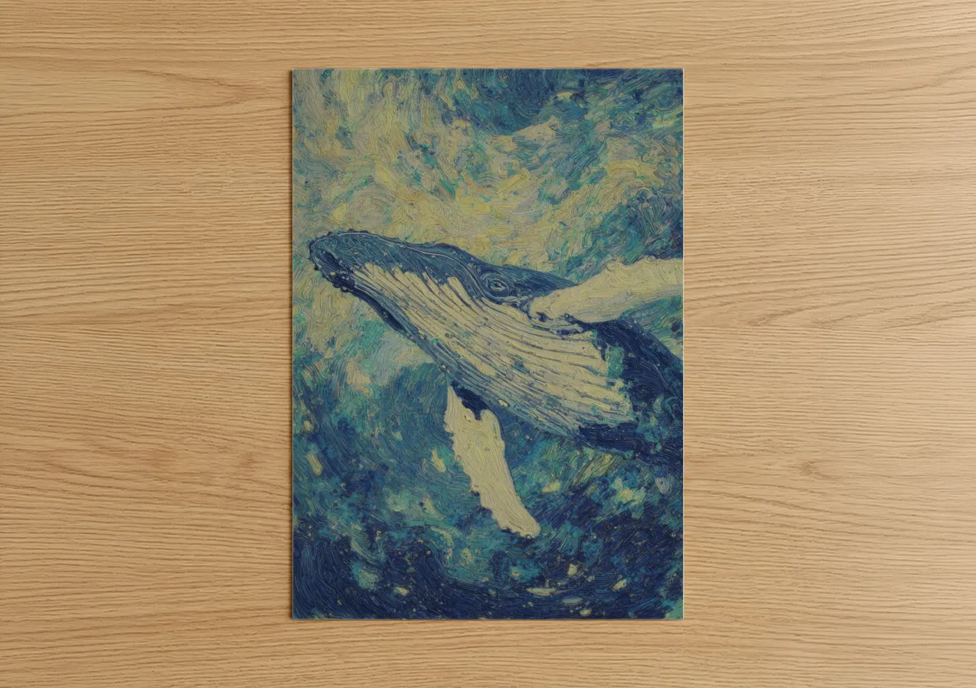 Humpback whale art print on warm oak wood — blue and cream palette — Starry Whale poster