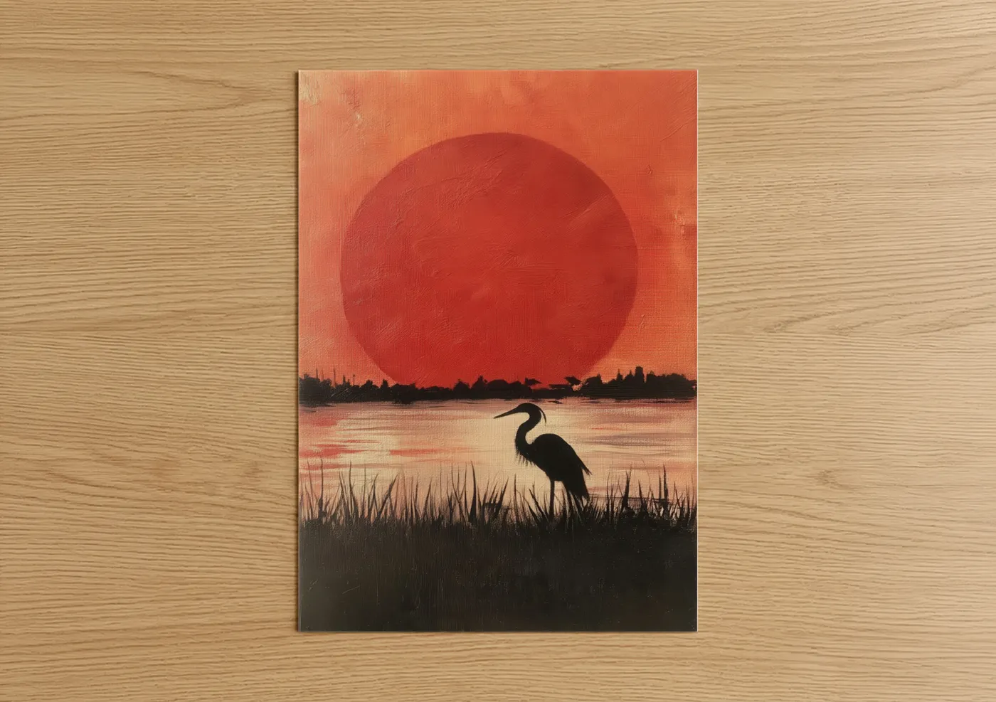 Art print on warm oak wood — red and orange palette — Crimson Sunset Heron poster
