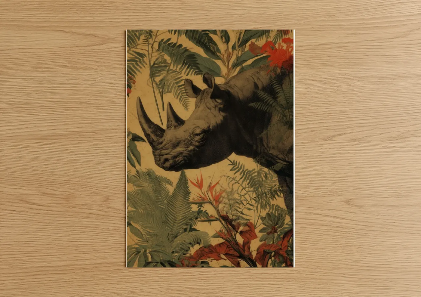 Art print on warm oak wood — gold and sage green palette — Tropical Rhino poster