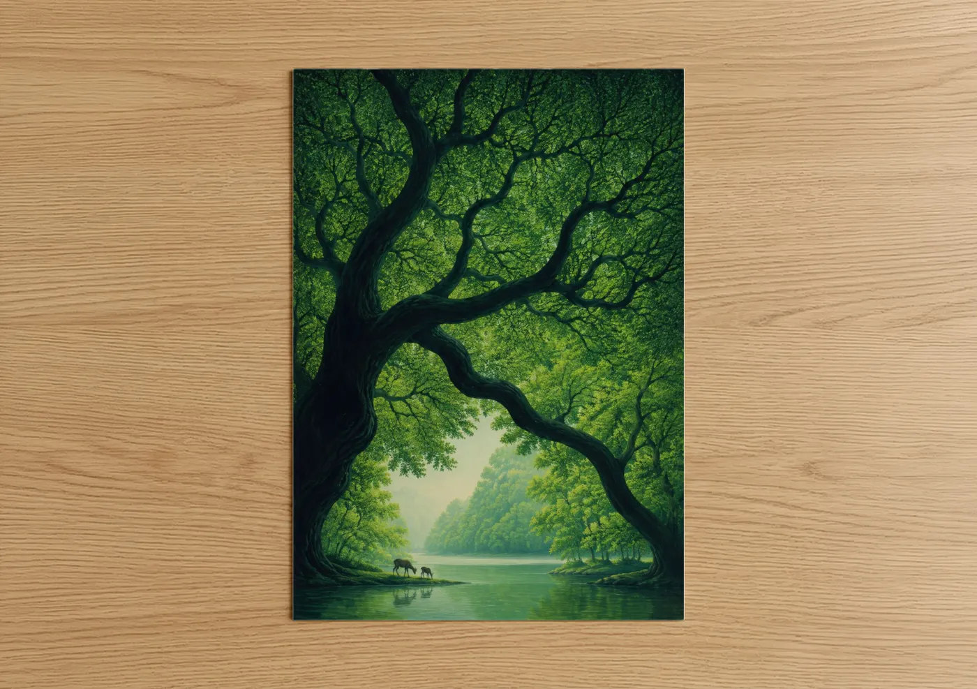 Tree art print on warm oak wood — true green and sage green palette — Tranquil Forest Lake With Deer Wall Art poster
