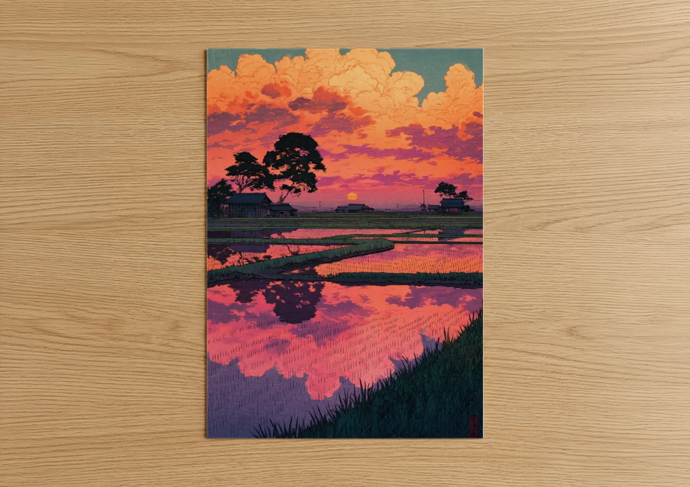 Sunrise and sunset art print on warm oak wood — gold and orange palette — Golden Paddy Sunset poster