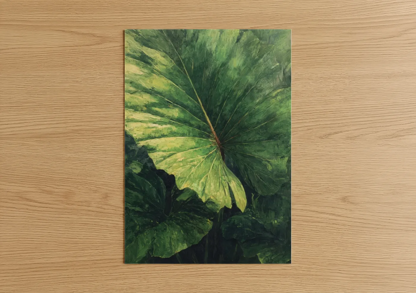 Palm tree art print on warm oak wood — green and yellow gold palette — Luminous Palm Fronds poster