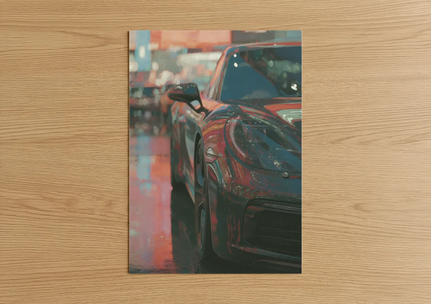 Red Sports Car Neon City Lights Wall Art