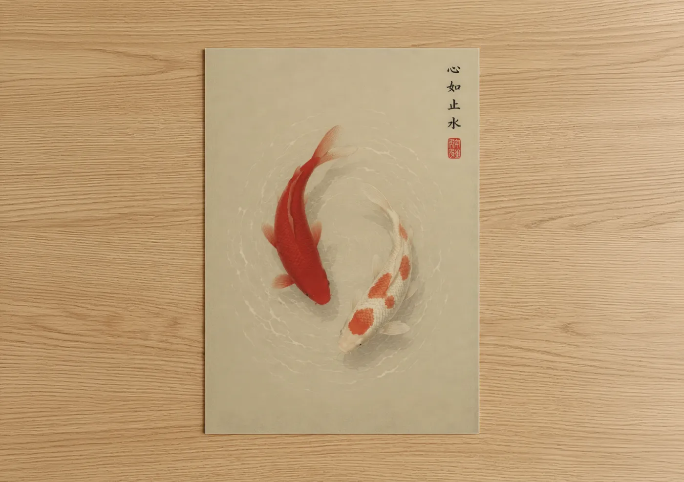 Art print on warm oak wood — beige and orange palette — Koi Fish Circle Zen Wall Art poster