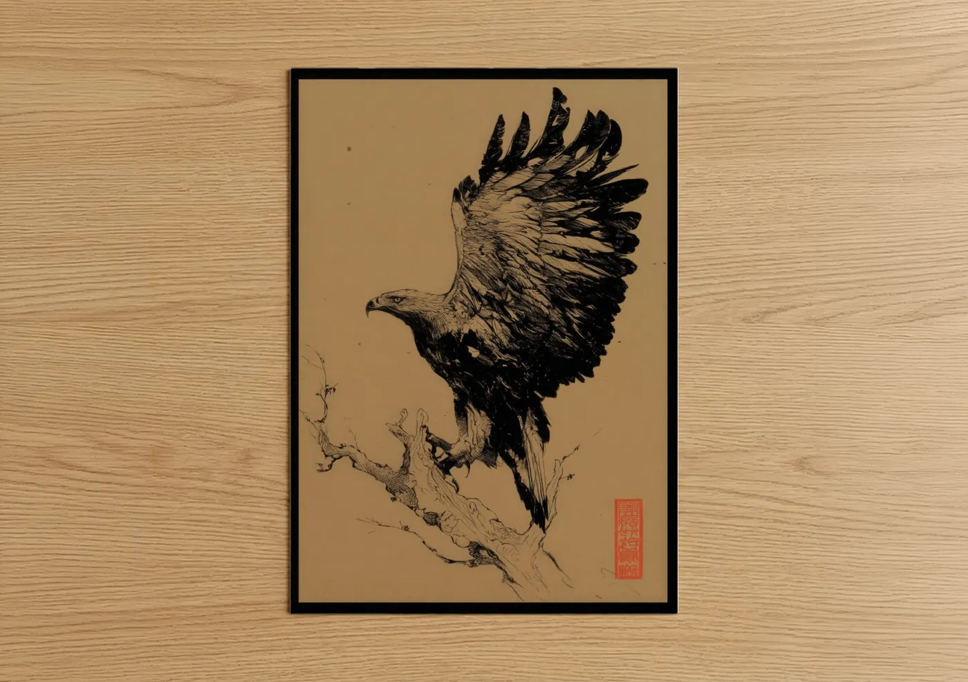 Black Eagle Perched on Branch Drawing Wall Art