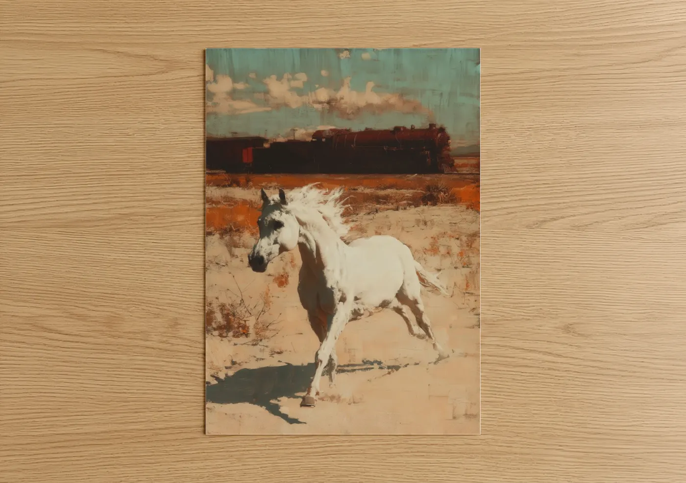 Arabian horse art print on warm oak wood — russet and sage green palette — Desert Arabian poster
