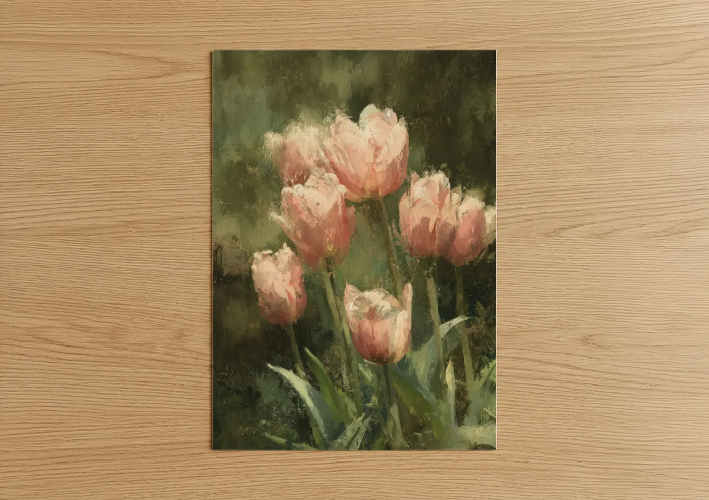 Art print on warm oak wood — sage green and salmon pink palette — Blush Tulip Garden poster