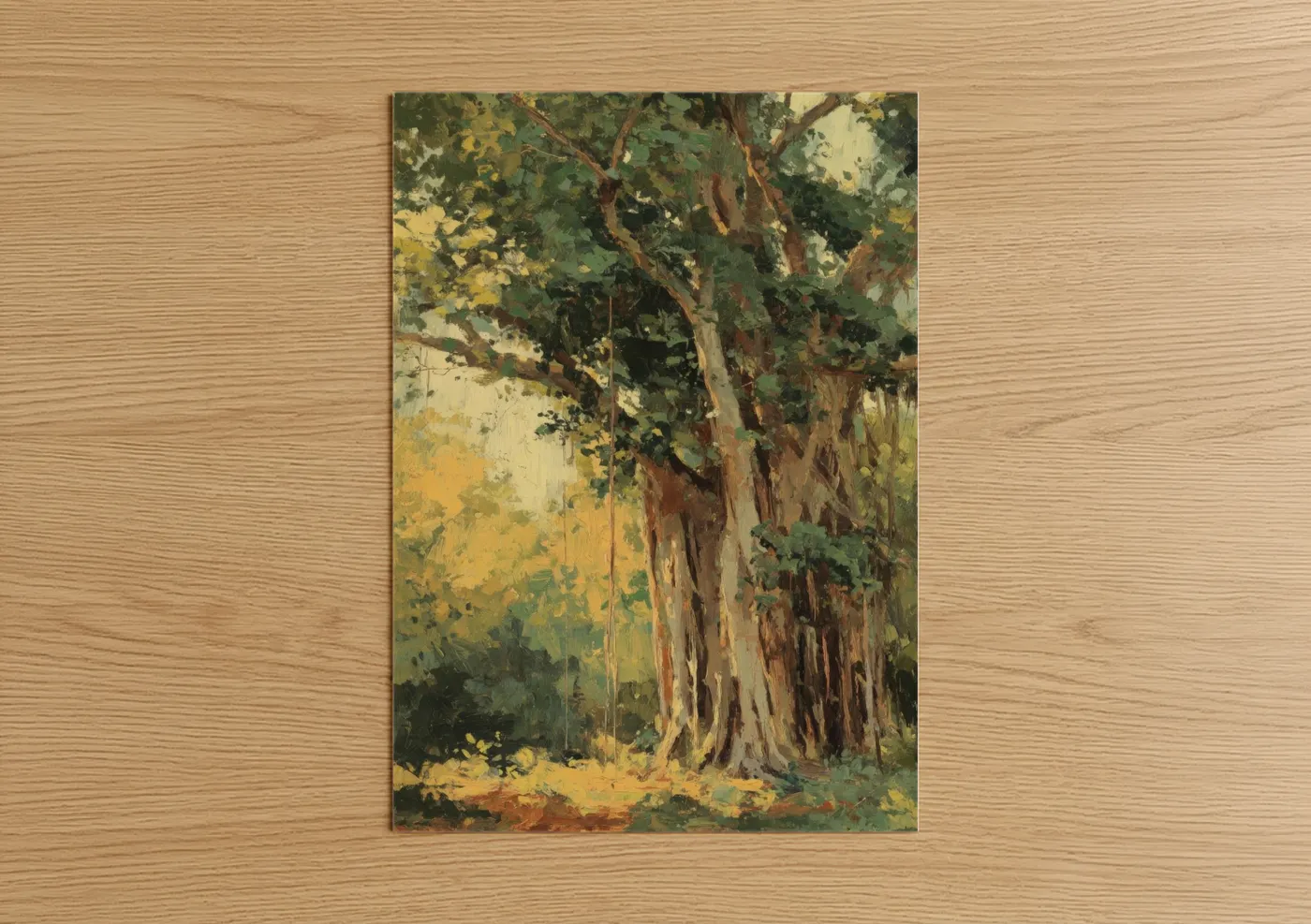 Art print on warm oak wood — gold and green palette — Sunlit Banyan Tree poster