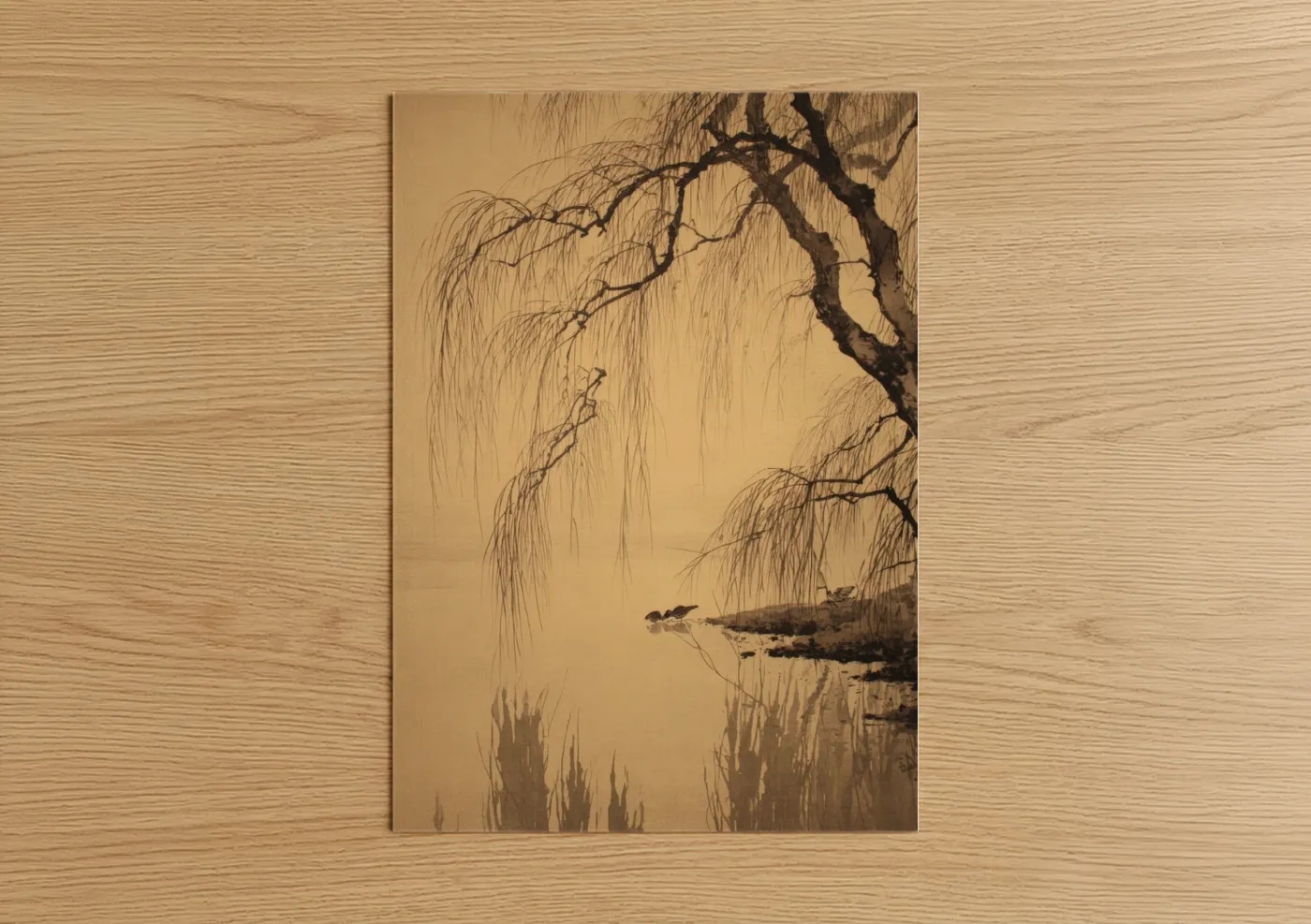 Willow forest art print on warm oak wood — nobel and dove gray palette — Misty Willow Landscape poster