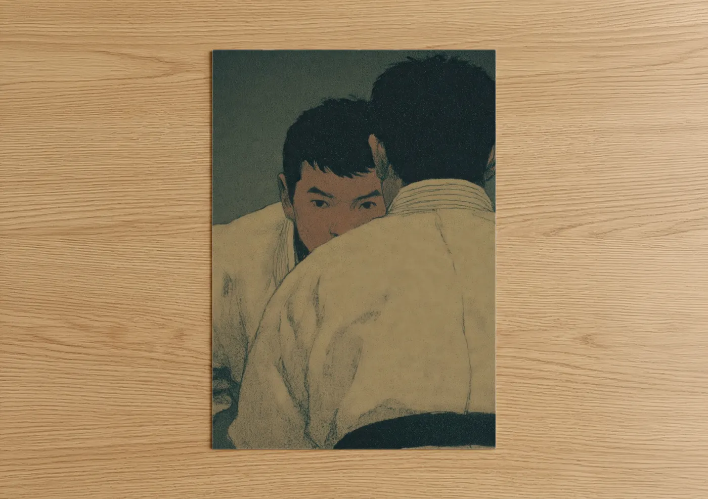 Jiu jutsu art print on warm oak wood — nobel and cream palette — Intense Grapple poster