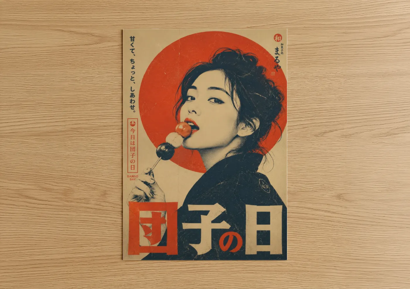 Fashion illustration art print on warm oak wood — orange and beige palette — Japanese Retro Fashion Portrait Wall Art poster